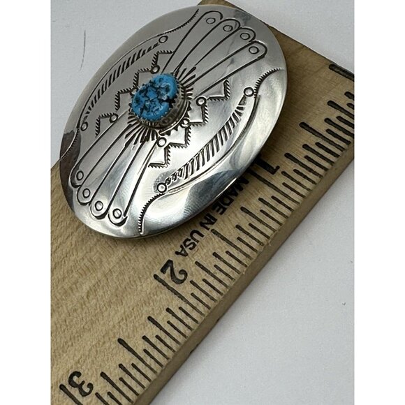 Navajo Handcrafted Sterling Silver & Genuine Turquoise Small 2-Inch Belt Buckle - Picture 6 of 7